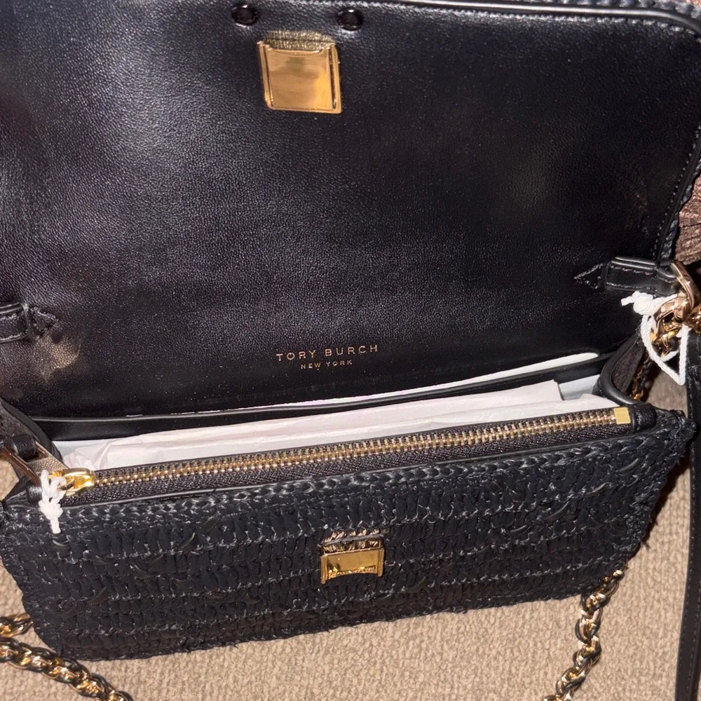 Tory Burch Black Woven Leather Crossbody with Gold Logo Chain - Picture 3 of 5